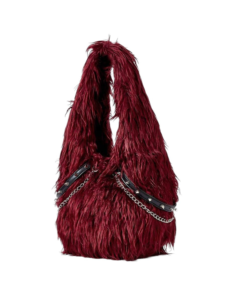 Women's Burgundy Faux Fur Chain Rivet Hobo Shoulder Bag