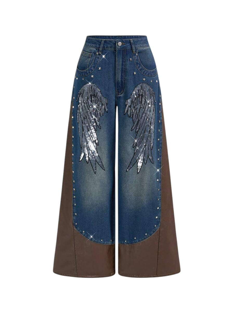 Women's Retro Punk Wing Sequin Embroidered Wide Leg Denim Jeans