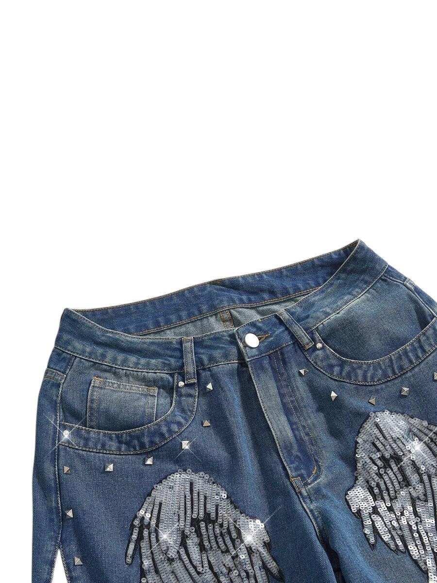 Women's Retro Punk Wing Sequin Embroidered Wide Leg Denim Jeans