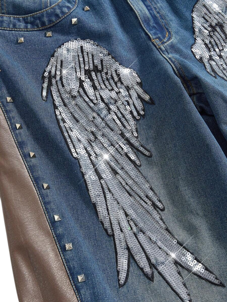 Women's Retro Punk Wing Sequin Embroidered Wide Leg Denim Jeans