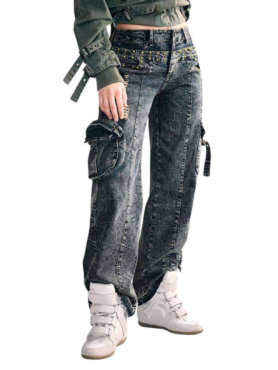 2-In-1 Double Waistband Cargo Wide Leg Denim Jeans