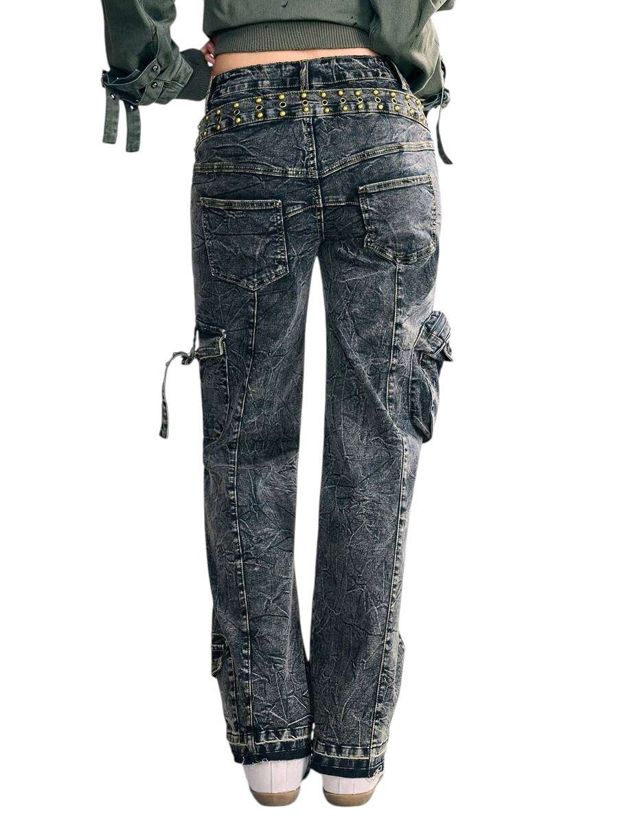 2-In-1 Double Waistband Cargo Wide Leg Denim Jeans