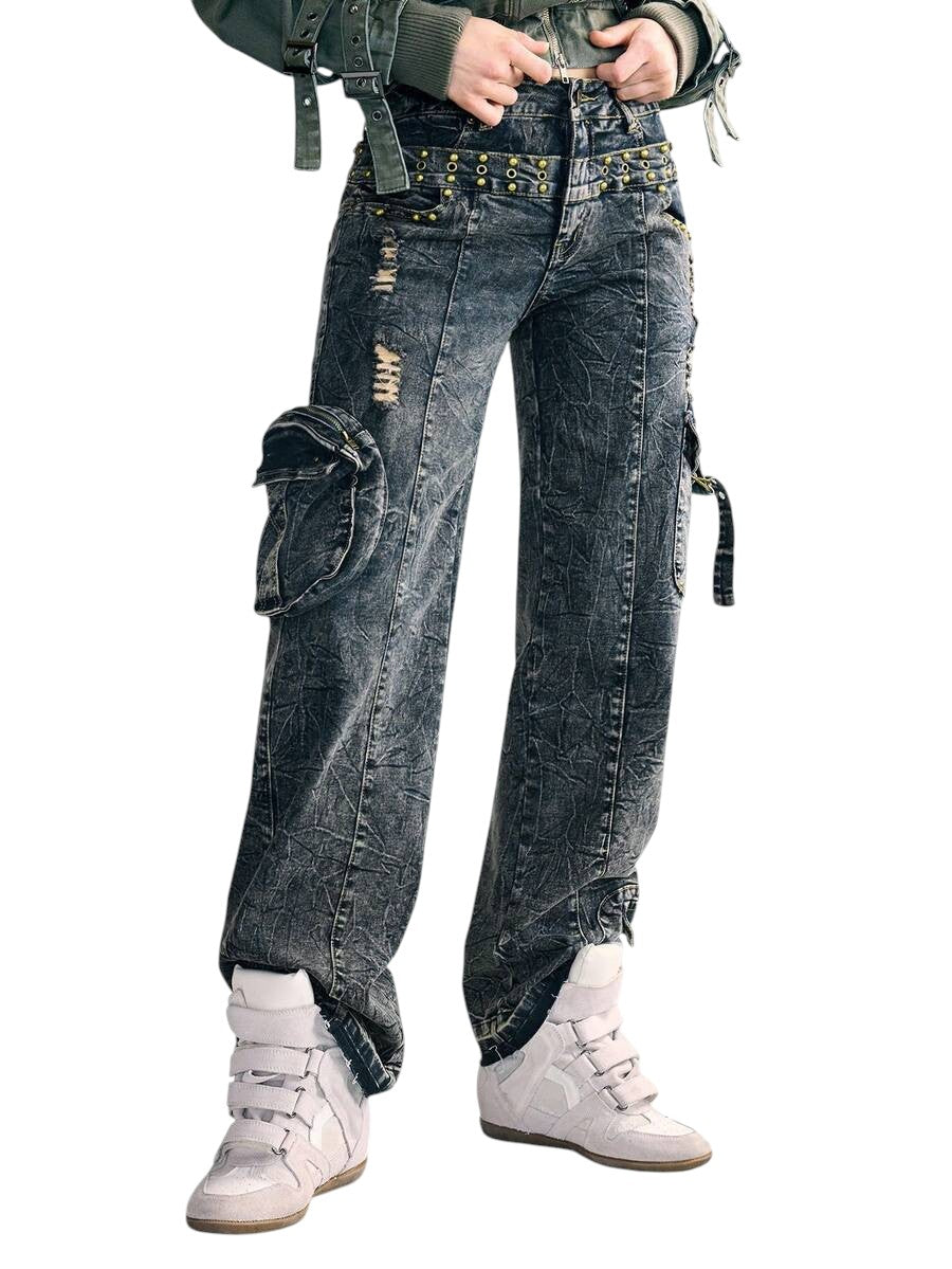 2-In-1 Double Waistband Cargo Wide Leg Denim Jeans