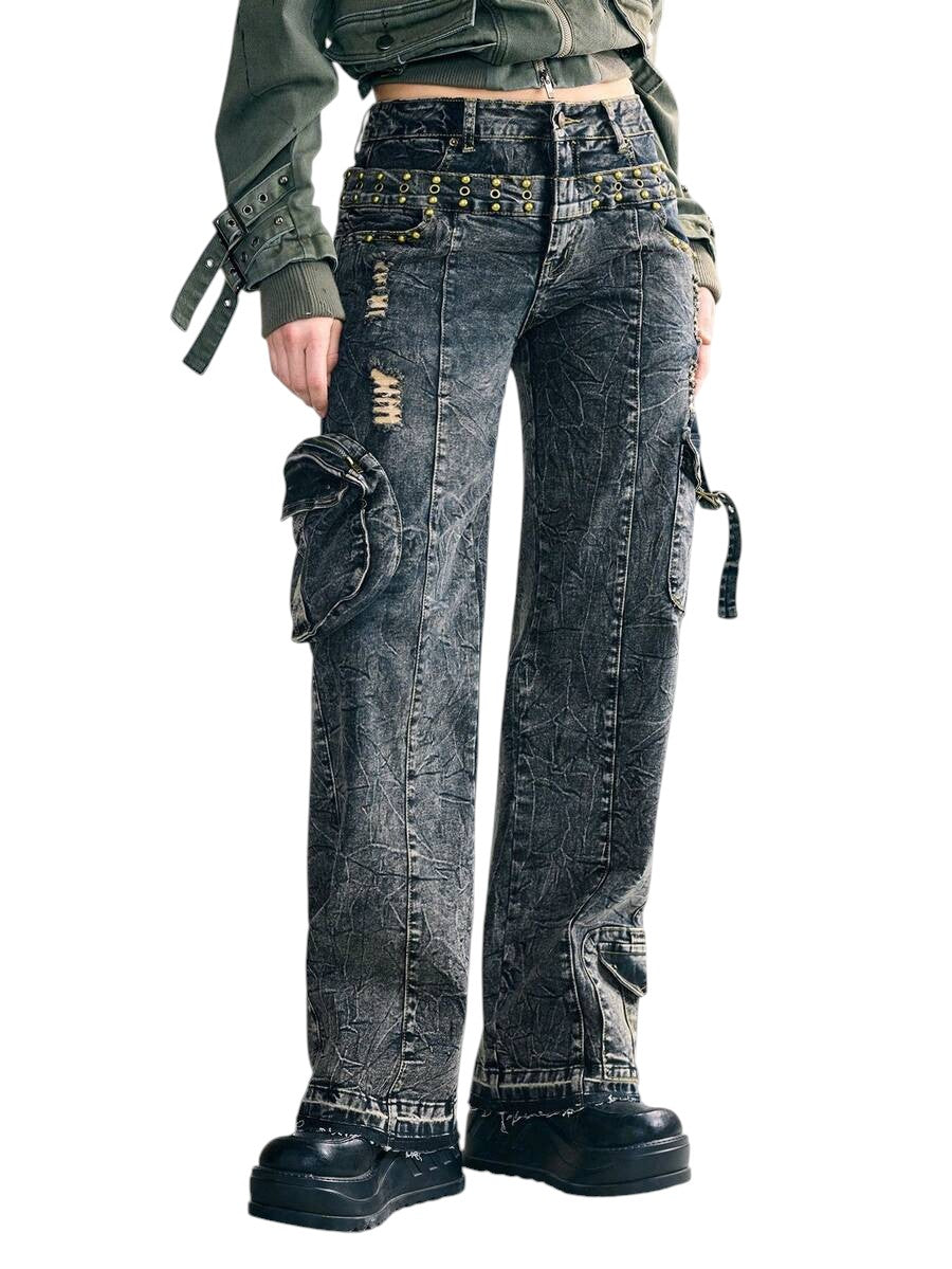 2-In-1 Double Waistband Cargo Wide Leg Denim Jeans
