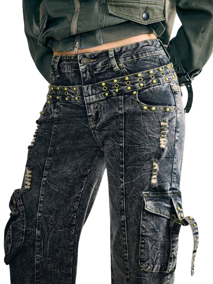 2-In-1 Double Waistband Cargo Wide Leg Denim Jeans