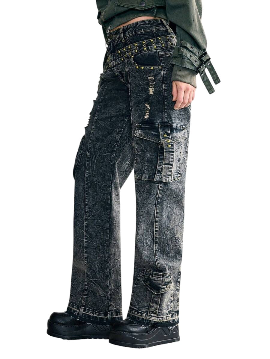 2-In-1 Double Waistband Cargo Wide Leg Denim Jeans