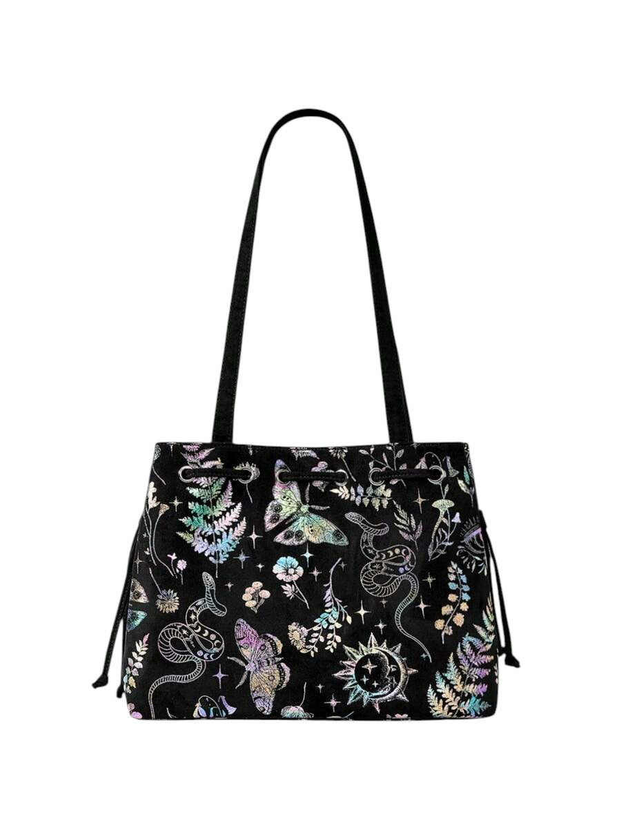 Fairycore Black Floral Butterfly Suede Tote Shoulder Bag