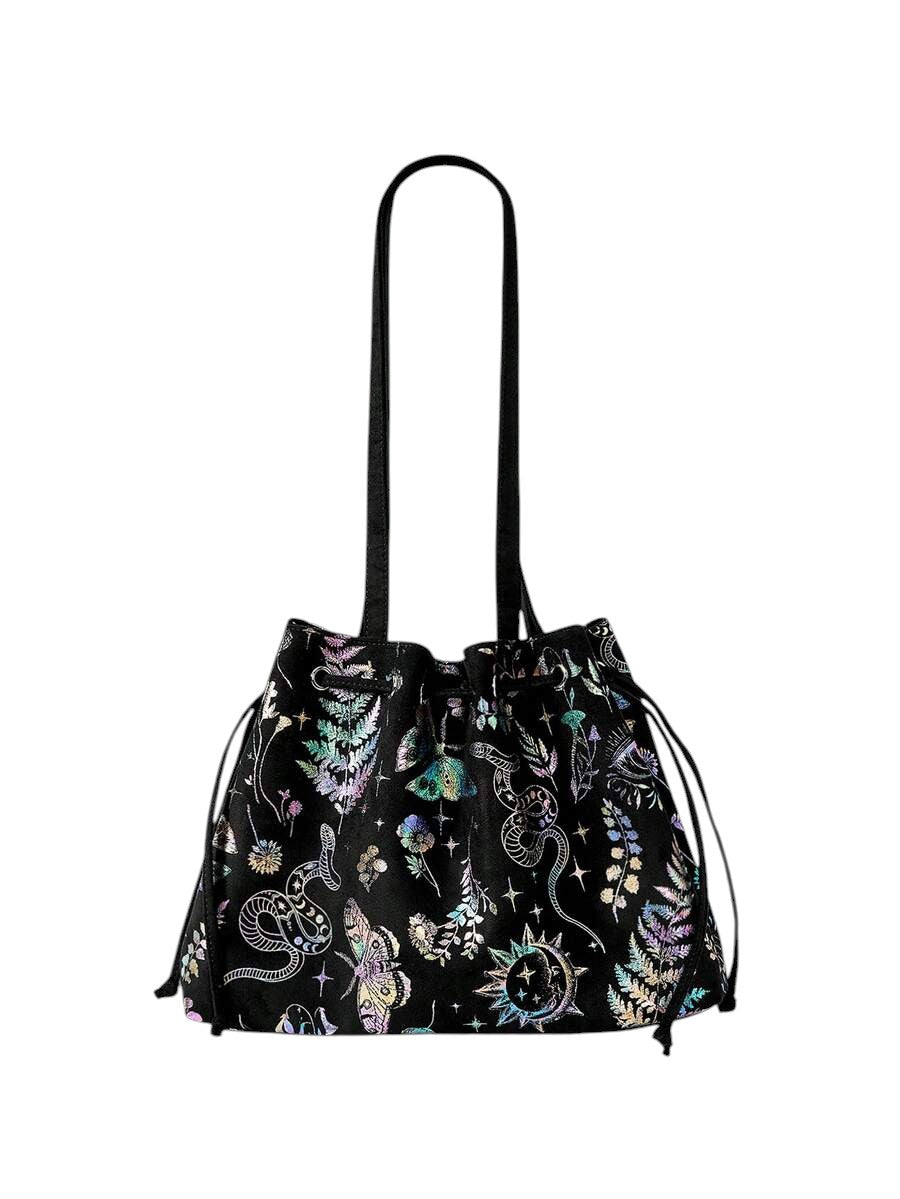 Fairycore Black Floral Butterfly Suede Tote Shoulder Bag