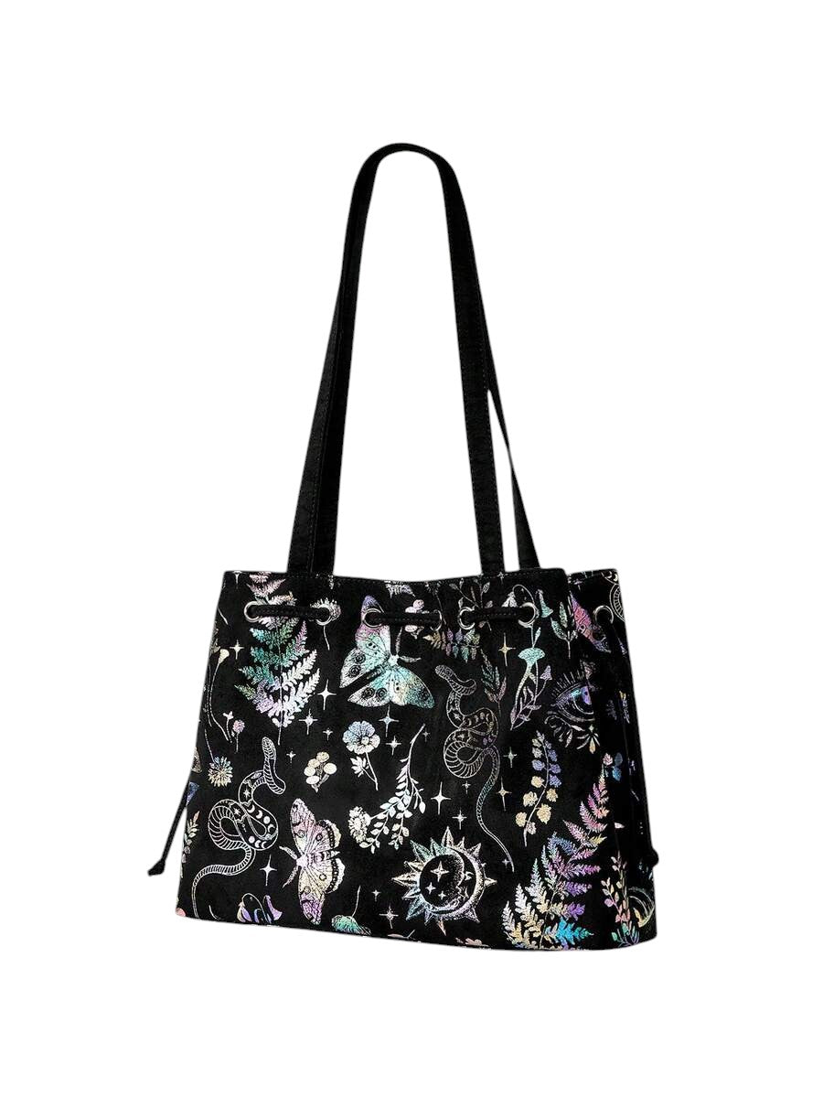 Fairycore Black Floral Butterfly Suede Tote Shoulder Bag