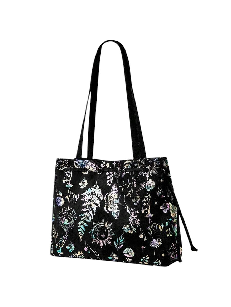 Fairycore Black Floral Butterfly Suede Tote Shoulder Bag