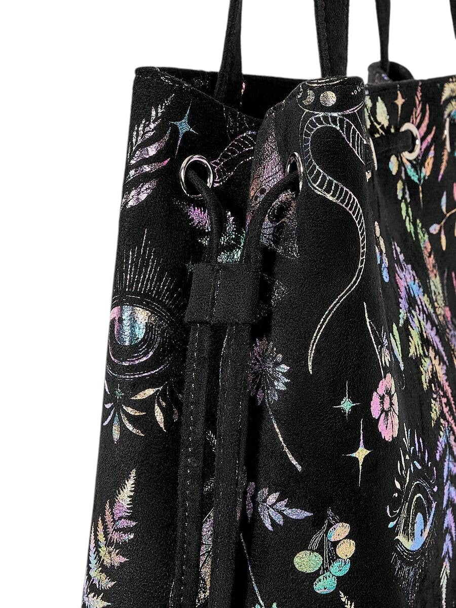 Fairycore Black Floral Butterfly Suede Tote Shoulder Bag