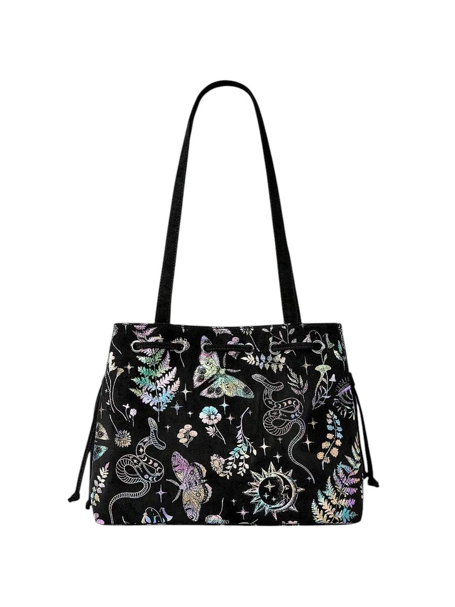 Fairycore Black Floral Butterfly Suede Tote Shoulder Bag