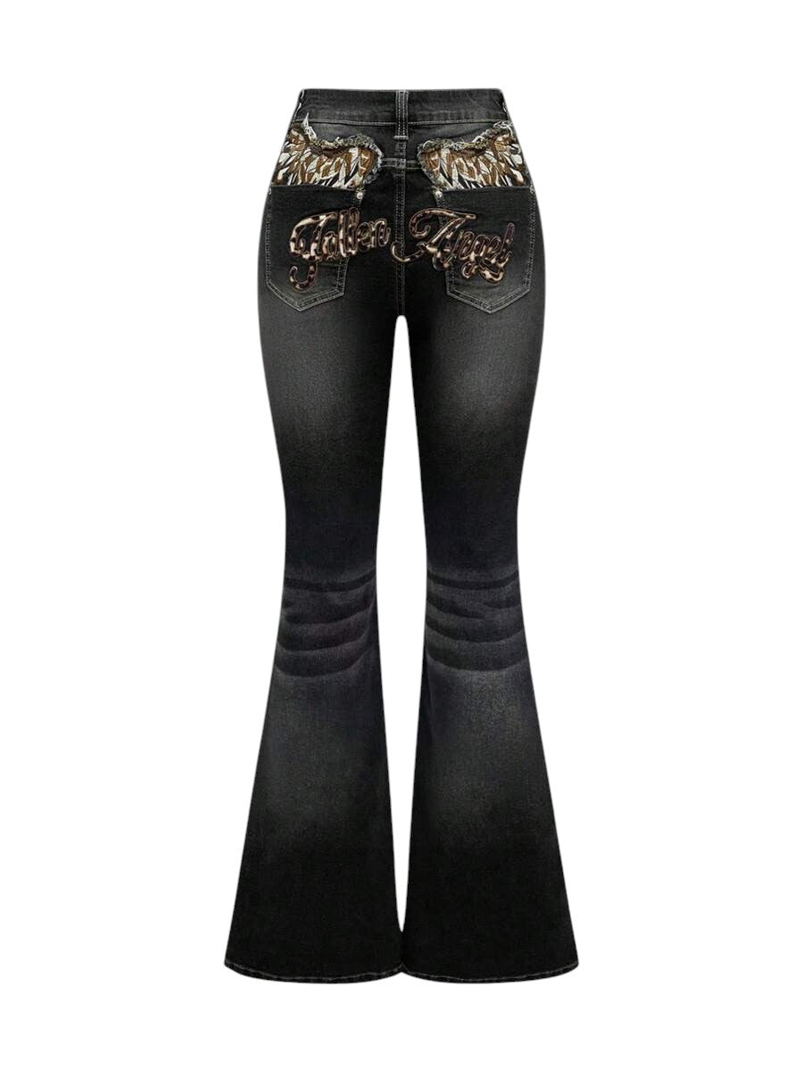 Grey Y2K Leopard Wing Graphic Low Rise Flare Denim Jeans