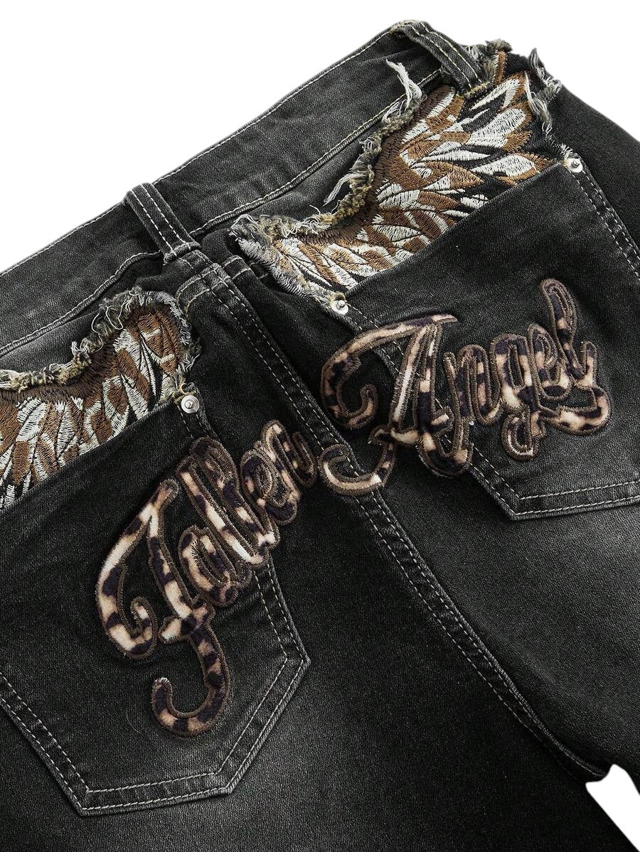 Grey Y2K Leopard Wing Graphic Low Rise Flare Denim Jeans