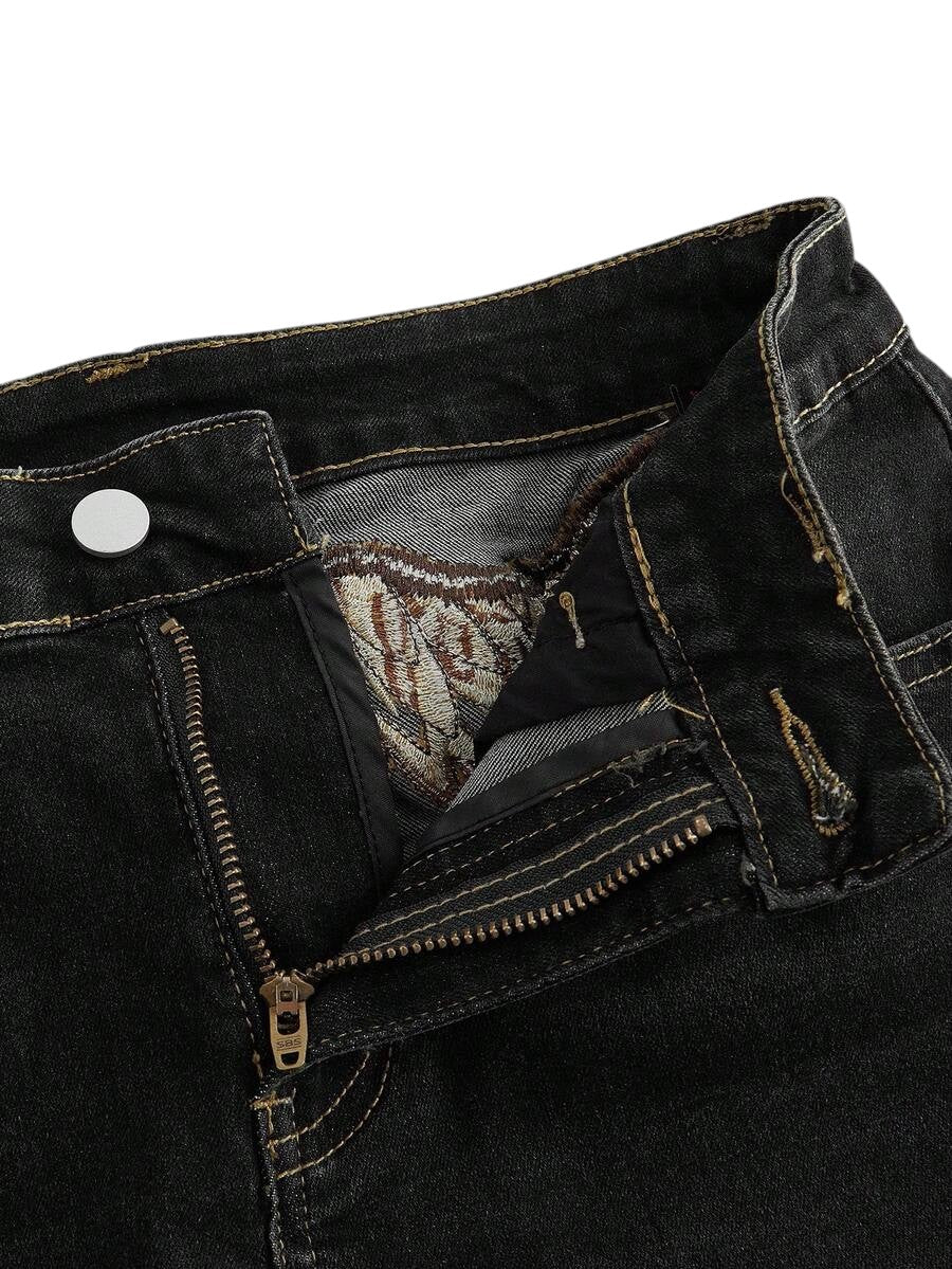 Grey Y2K Leopard Wing Graphic Low Rise Flare Denim Jeans
