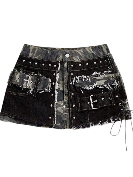 Women's Camo Patch Rivet Black Denim Mini Skirt
