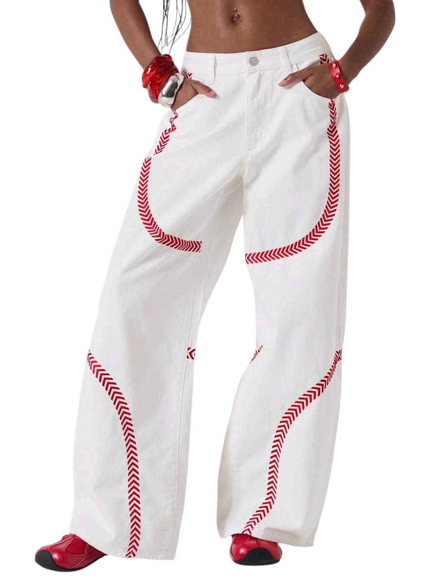 Y2K White Low Rise Red Embroidered Loose Fit Denim Jeans