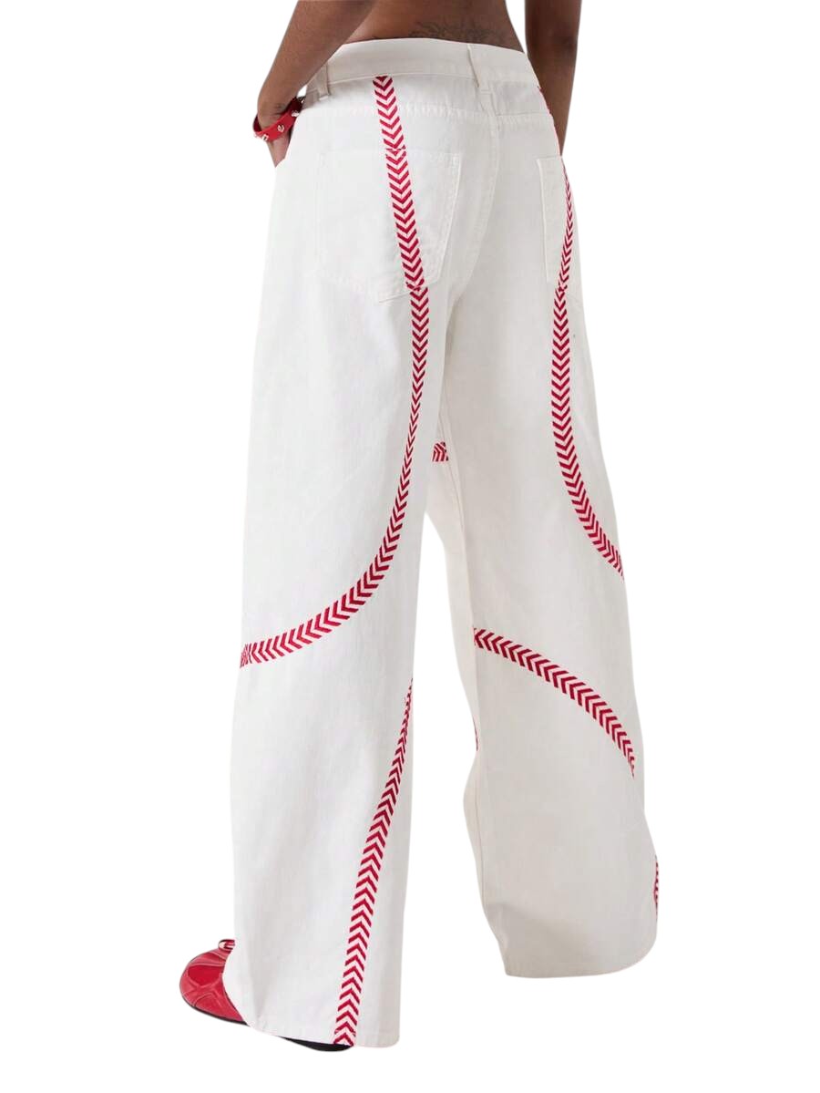 Y2K White Low Rise Red Embroidered Loose Fit Denim Jeans