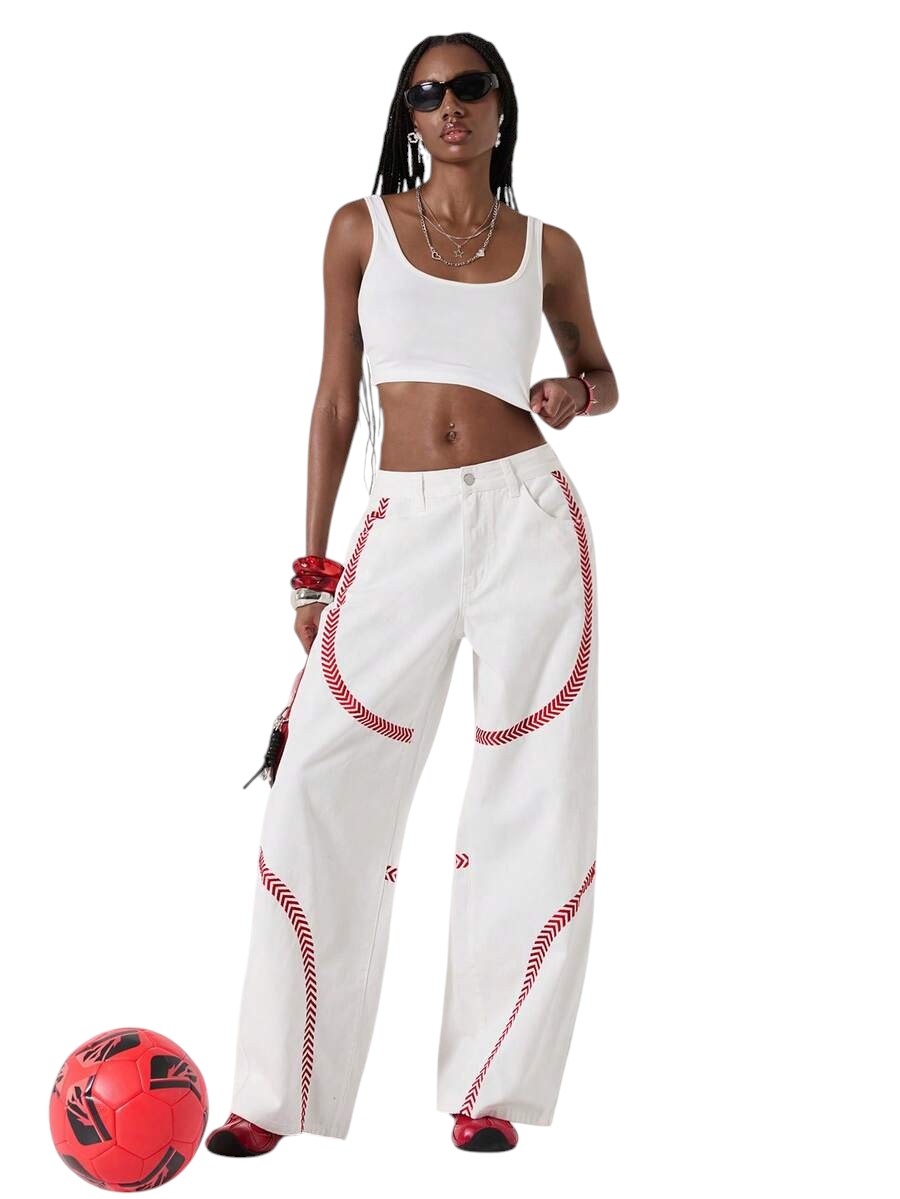 Y2K White Low Rise Red Embroidered Loose Fit Denim Jeans