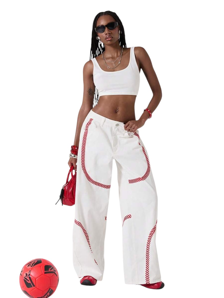Y2K White Low Rise Red Embroidered Loose Fit Denim Jeans
