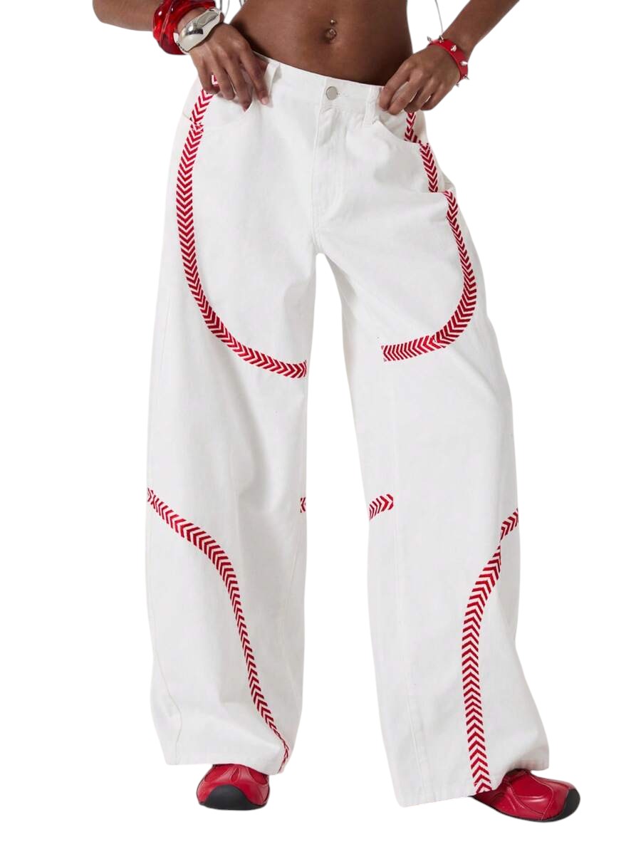 Y2K White Low Rise Red Embroidered Loose Fit Denim Jeans