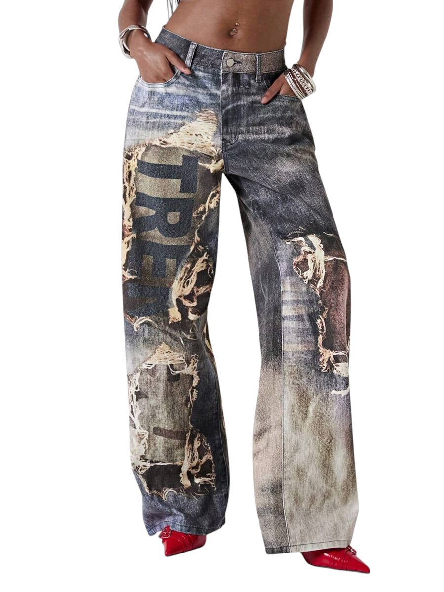 Women's Distressed Graphic Print Low-Waist Loose Fit Jeans