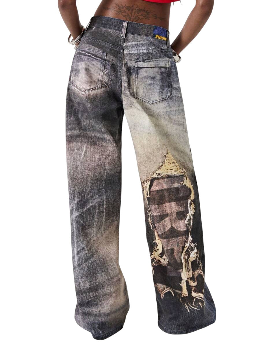 Women's Distressed Graphic Print Low-Waist Loose Fit Jeans