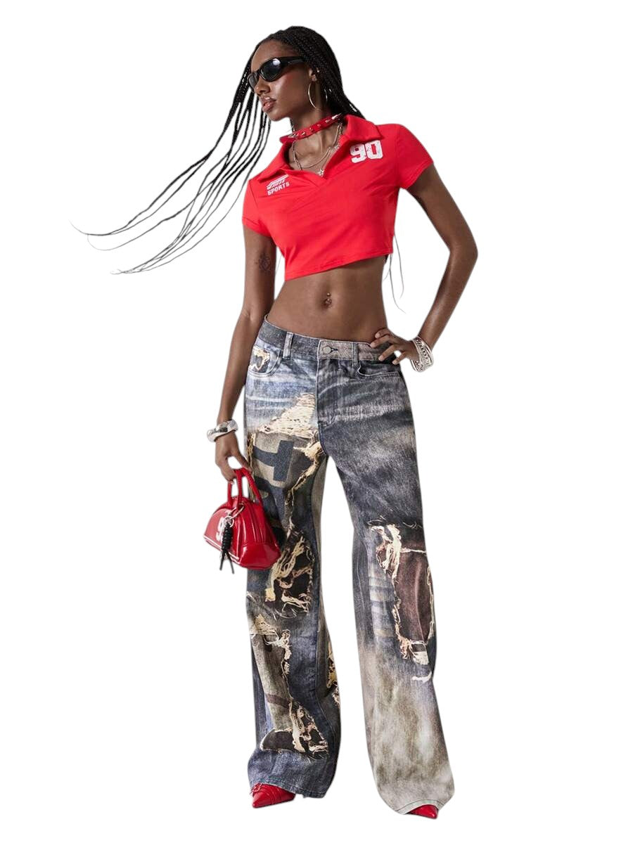 Women's Distressed Graphic Print Low-Waist Loose Fit Jeans