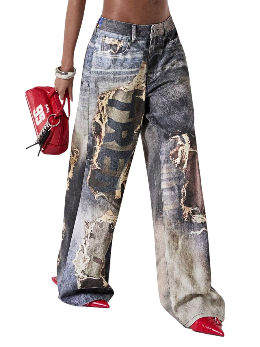 Women's Distressed Graphic Print Low-Waist Loose Fit Jeans