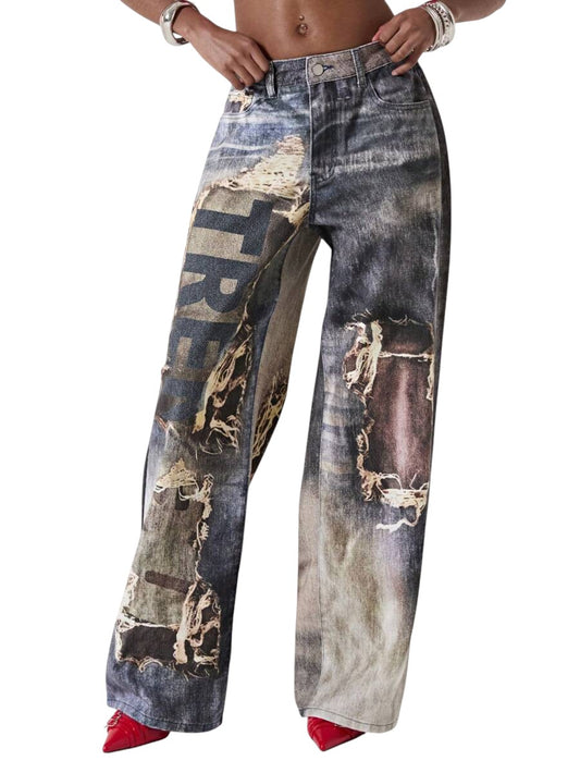Women's Distressed Graphic Print Low-Waist Loose Fit Jeans