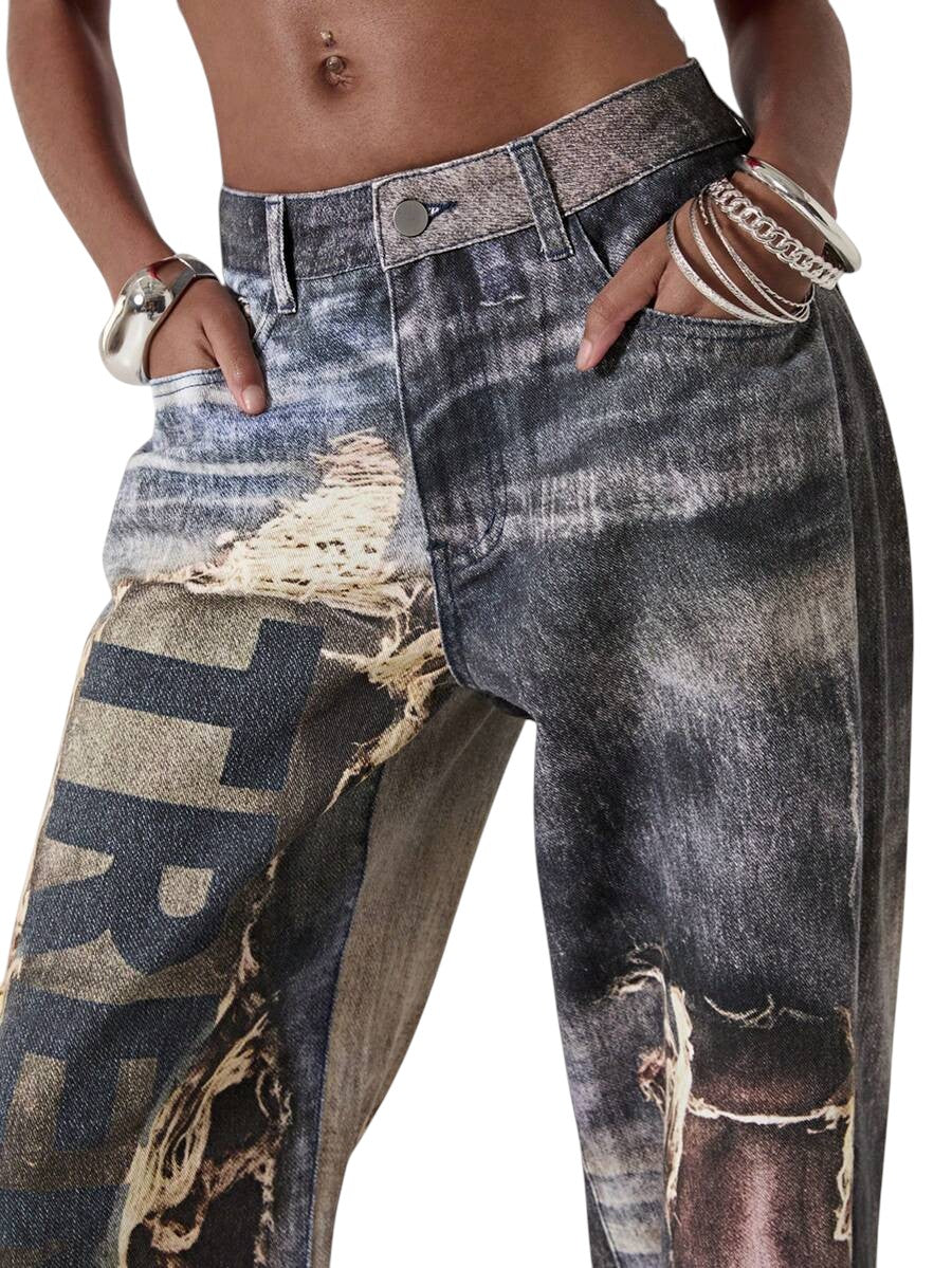 Women's Distressed Graphic Print Low-Waist Loose Fit Jeans