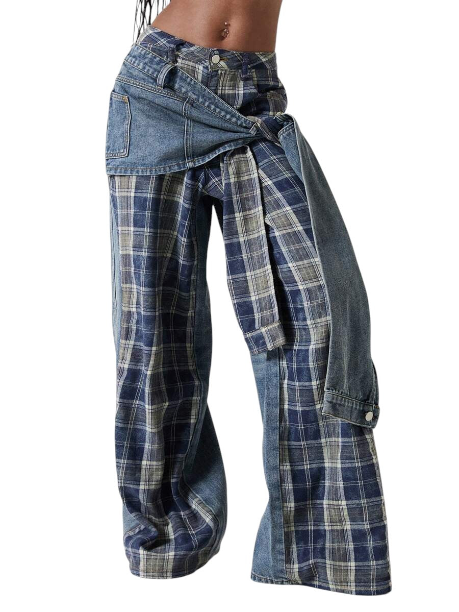 Women's Retro Punk Patchwork Tie-Up Wide Leg Denim Jeans