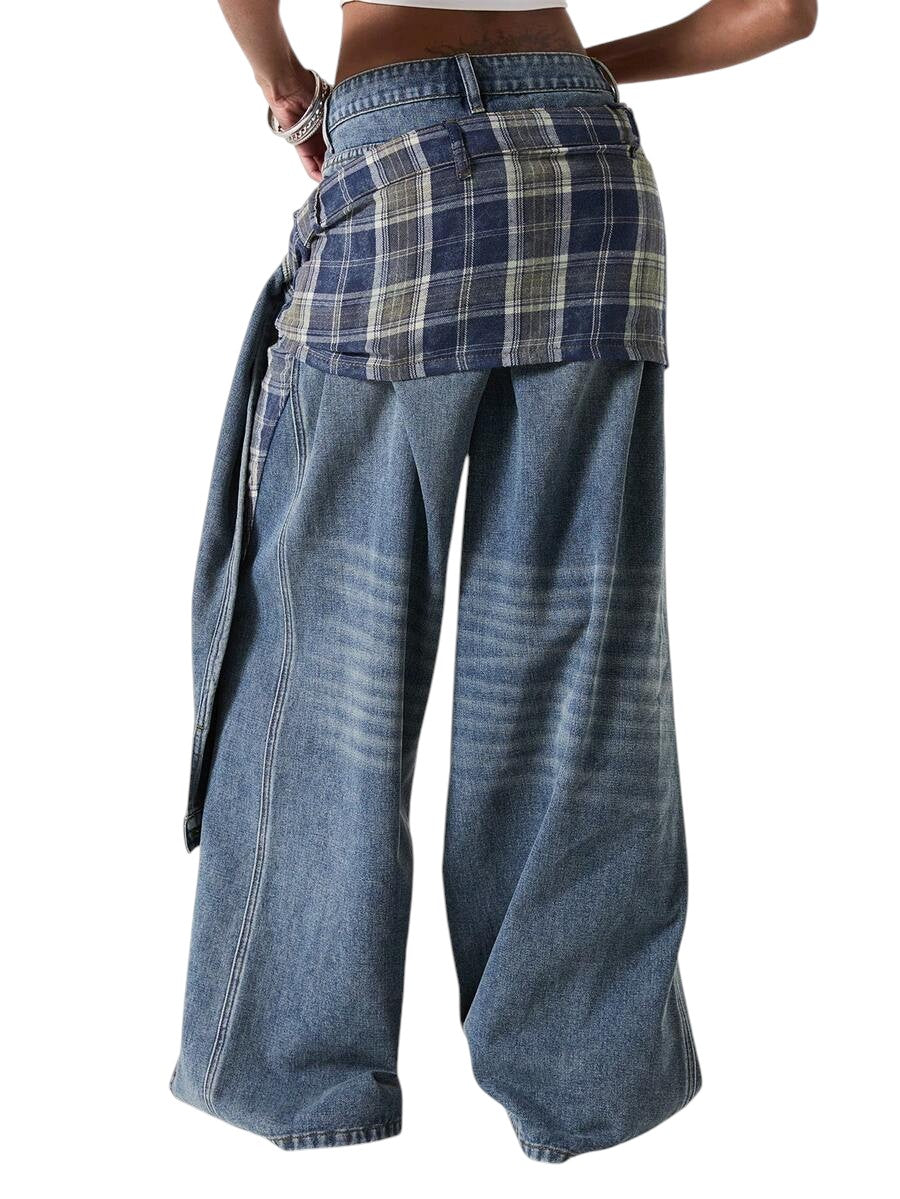 Women's Retro Punk Patchwork Tie-Up Wide Leg Denim Jeans