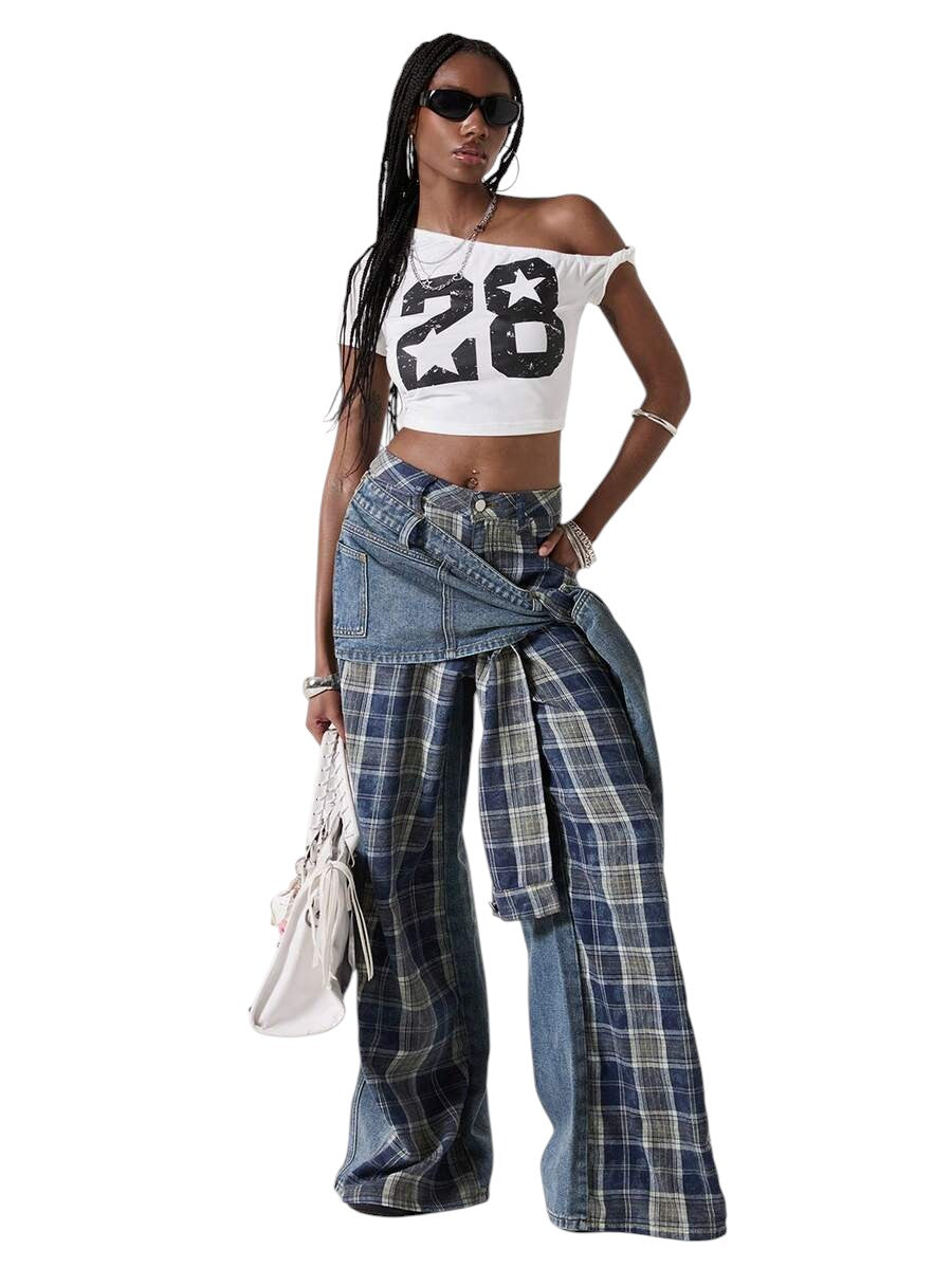 Women's Retro Punk Patchwork Tie-Up Wide Leg Denim Jeans