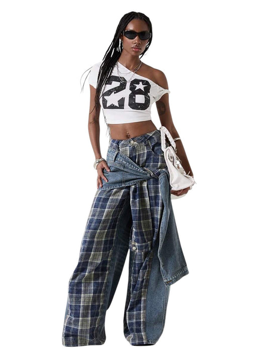 Women's Retro Punk Patchwork Tie-Up Wide Leg Denim Jeans