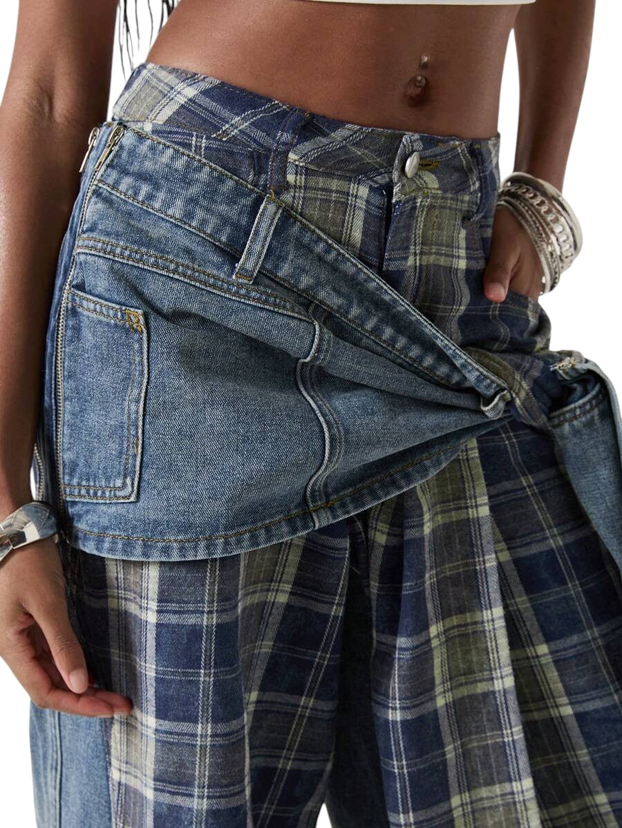 Women's Retro Punk Patchwork Tie-Up Wide Leg Denim Jeans