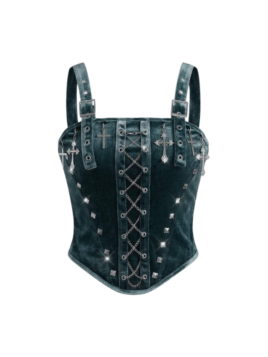 Women's Blue Gothic Velvet Camisole with Cross Chain Detail