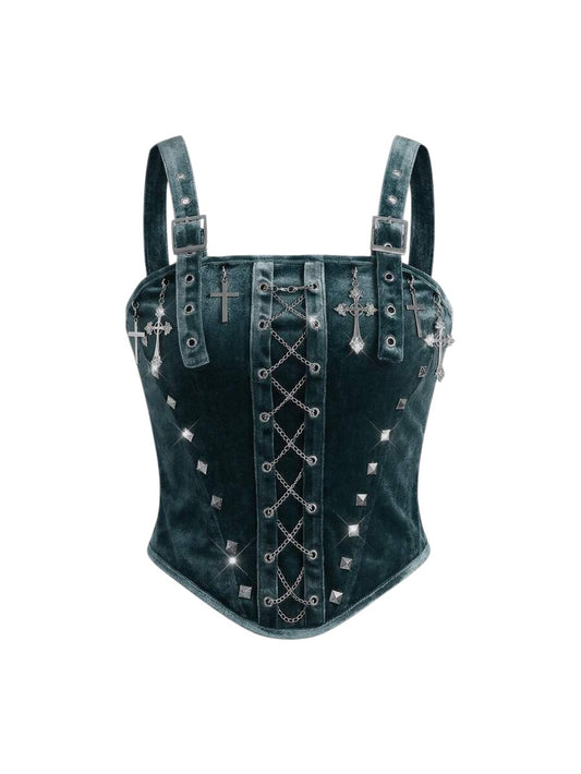 Women's Blue Gothic Velvet Camisole with Cross Chain Detail