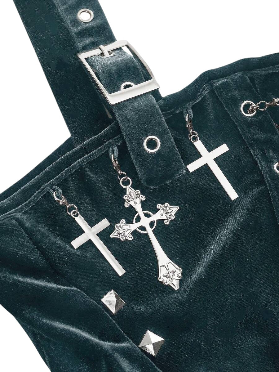 Women's Blue Gothic Velvet Camisole with Cross Chain Detail