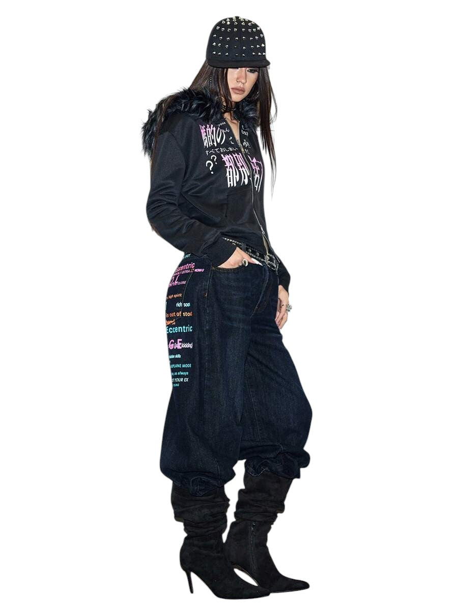 Y2K Colorful Slogan Print Relaxed Wide Leg Denim Jeans