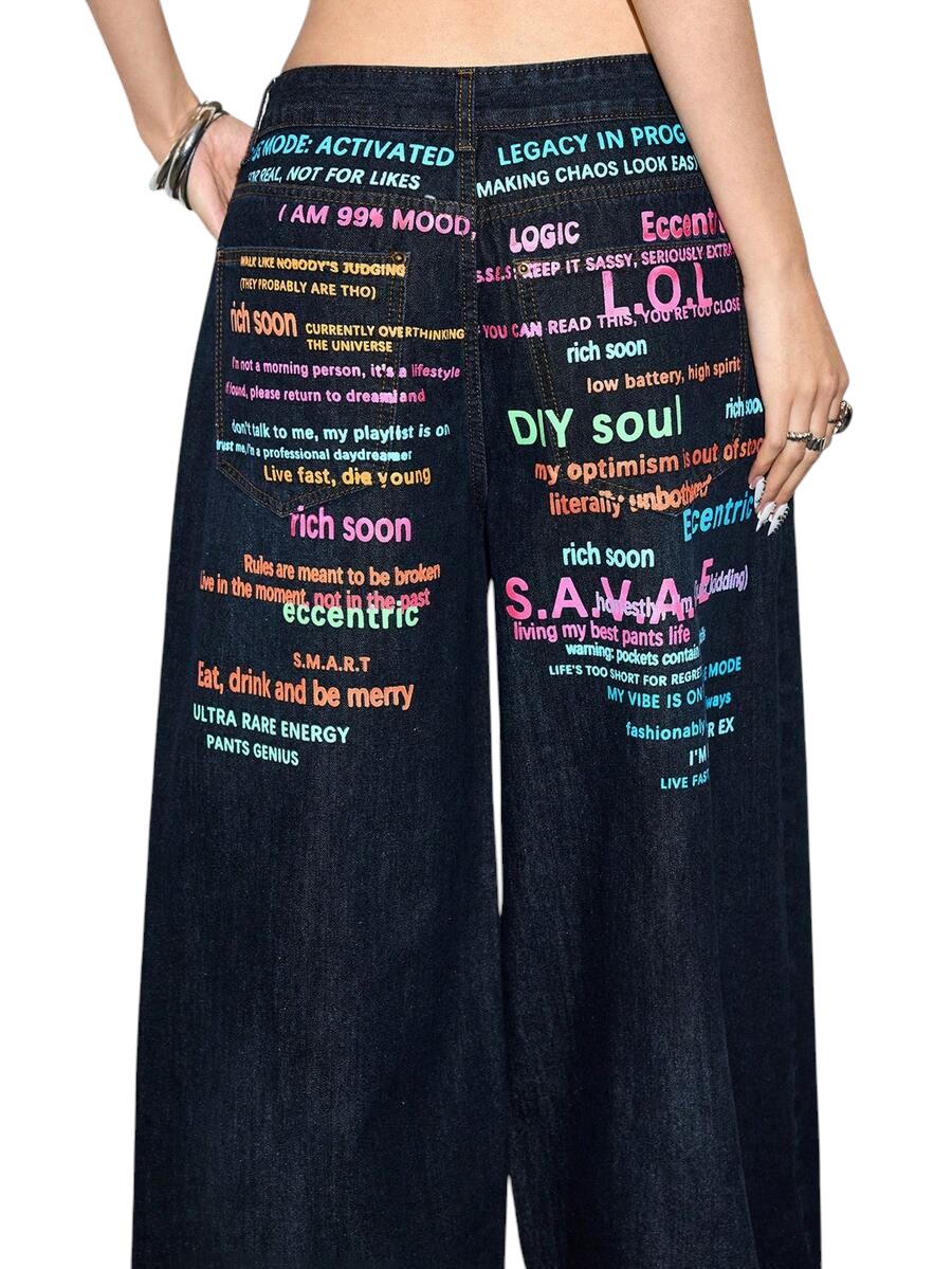 Y2K Colorful Slogan Print Relaxed Wide Leg Denim Jeans