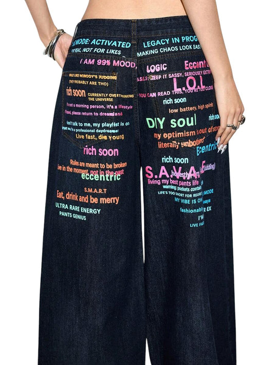 Y2K Colorful Slogan Print Relaxed Wide Leg Denim Jeans