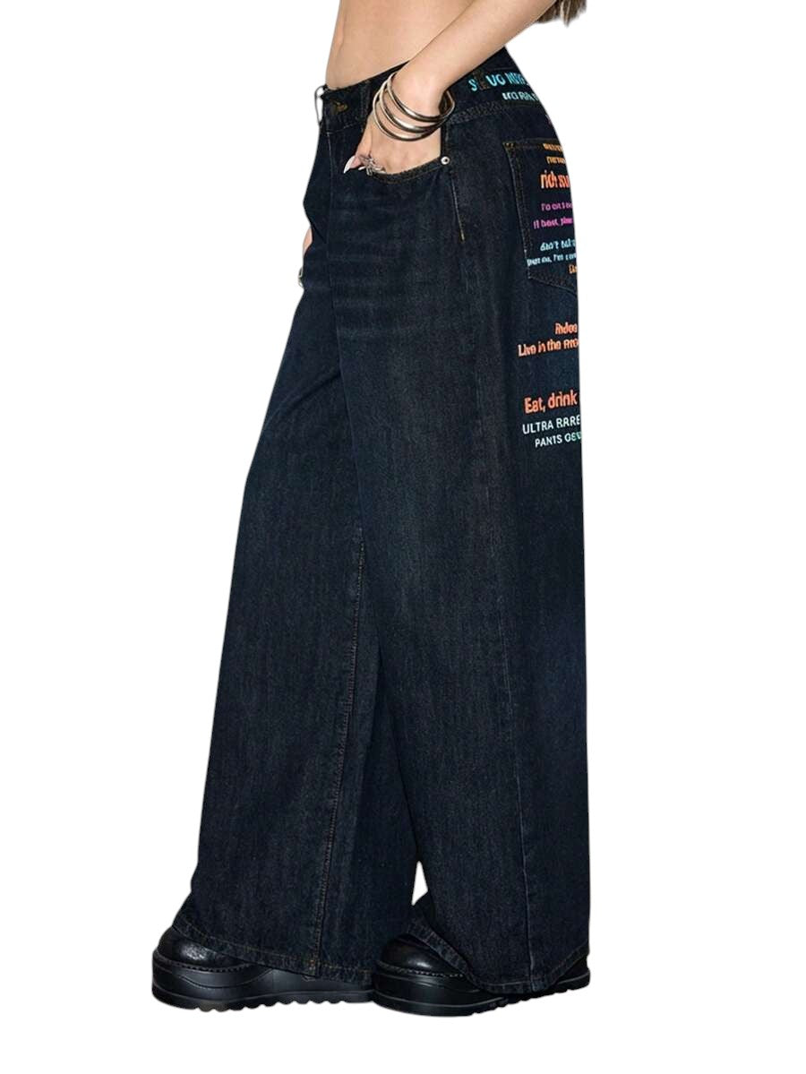 Y2K Colorful Slogan Print Relaxed Wide Leg Denim Jeans