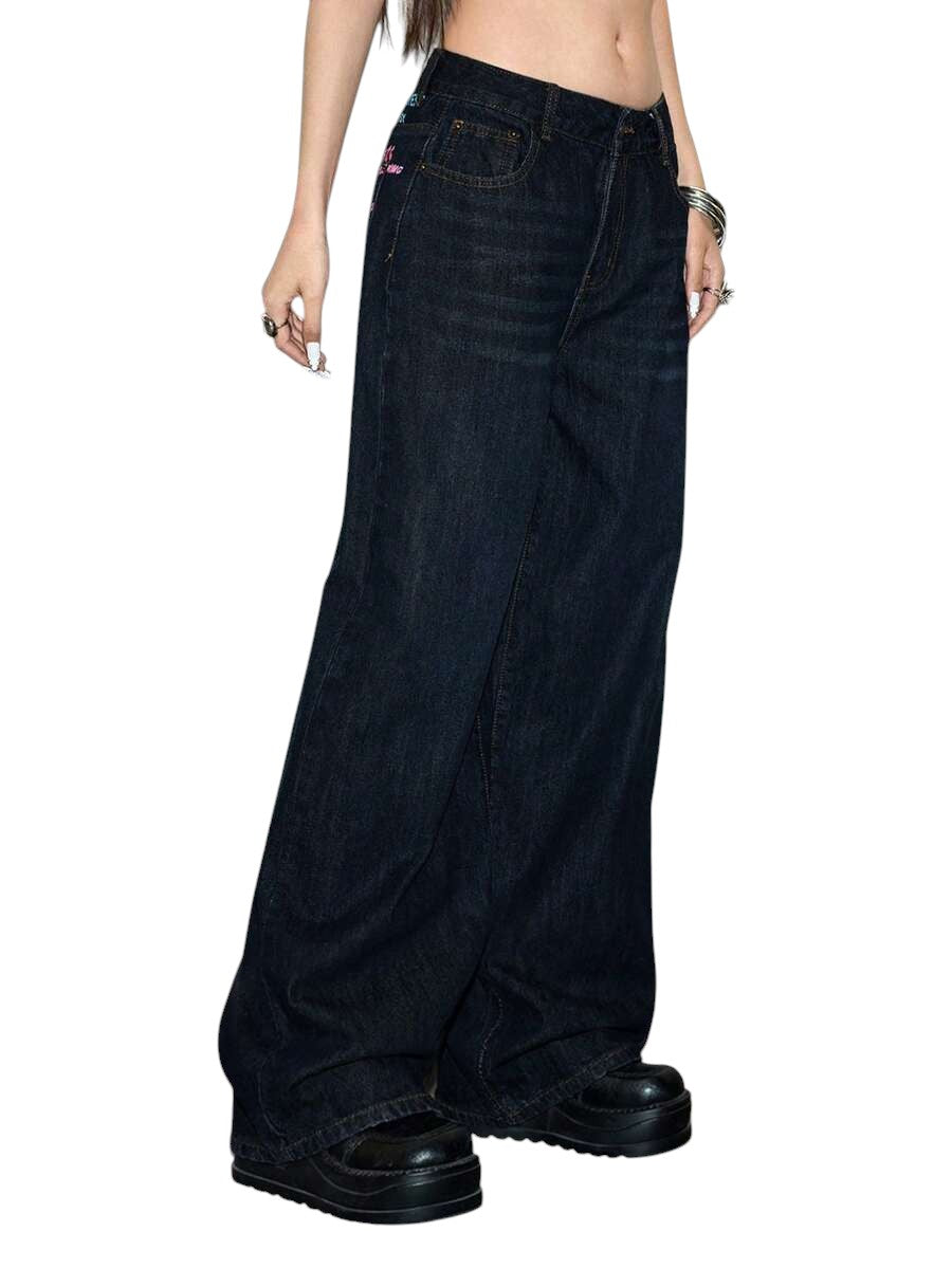Y2K Colorful Slogan Print Relaxed Wide Leg Denim Jeans