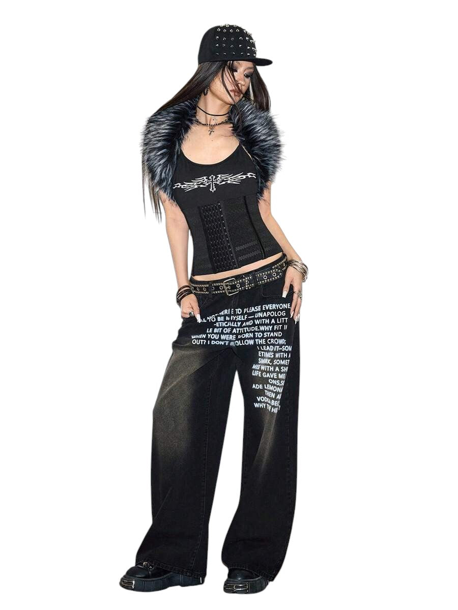 Women's Grunge Slogan Print Pocket Wide Leg Loose Denim Jeans