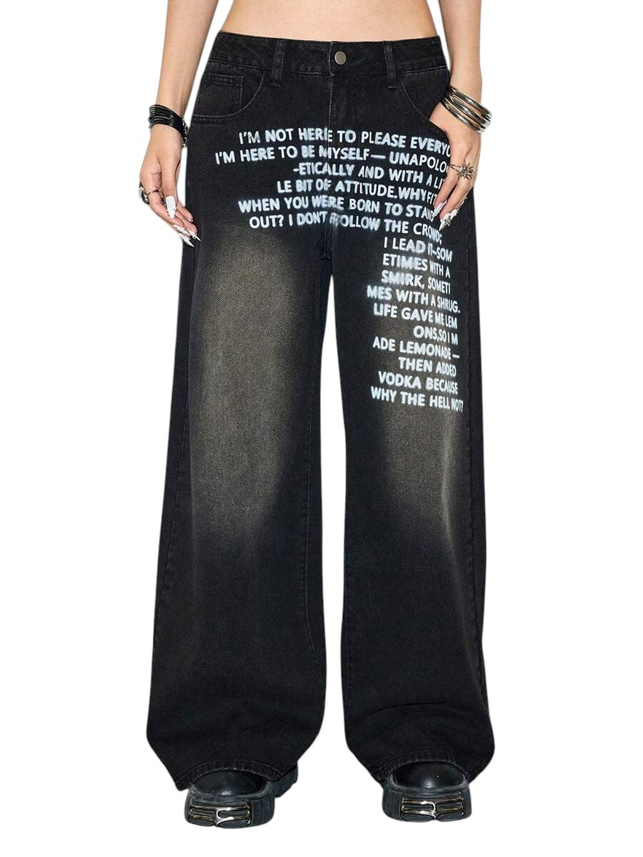 Women's Grunge Slogan Print Pocket Wide Leg Loose Denim Jeans