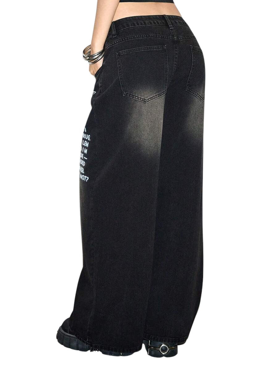 Women's Grunge Slogan Print Pocket Wide Leg Loose Denim Jeans