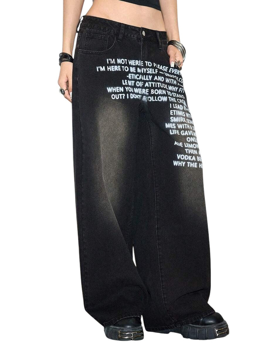 Women's Grunge Slogan Print Pocket Wide Leg Loose Denim Jeans