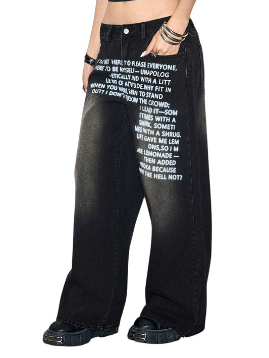 Women's Grunge Slogan Print Pocket Wide Leg Loose Denim Jeans