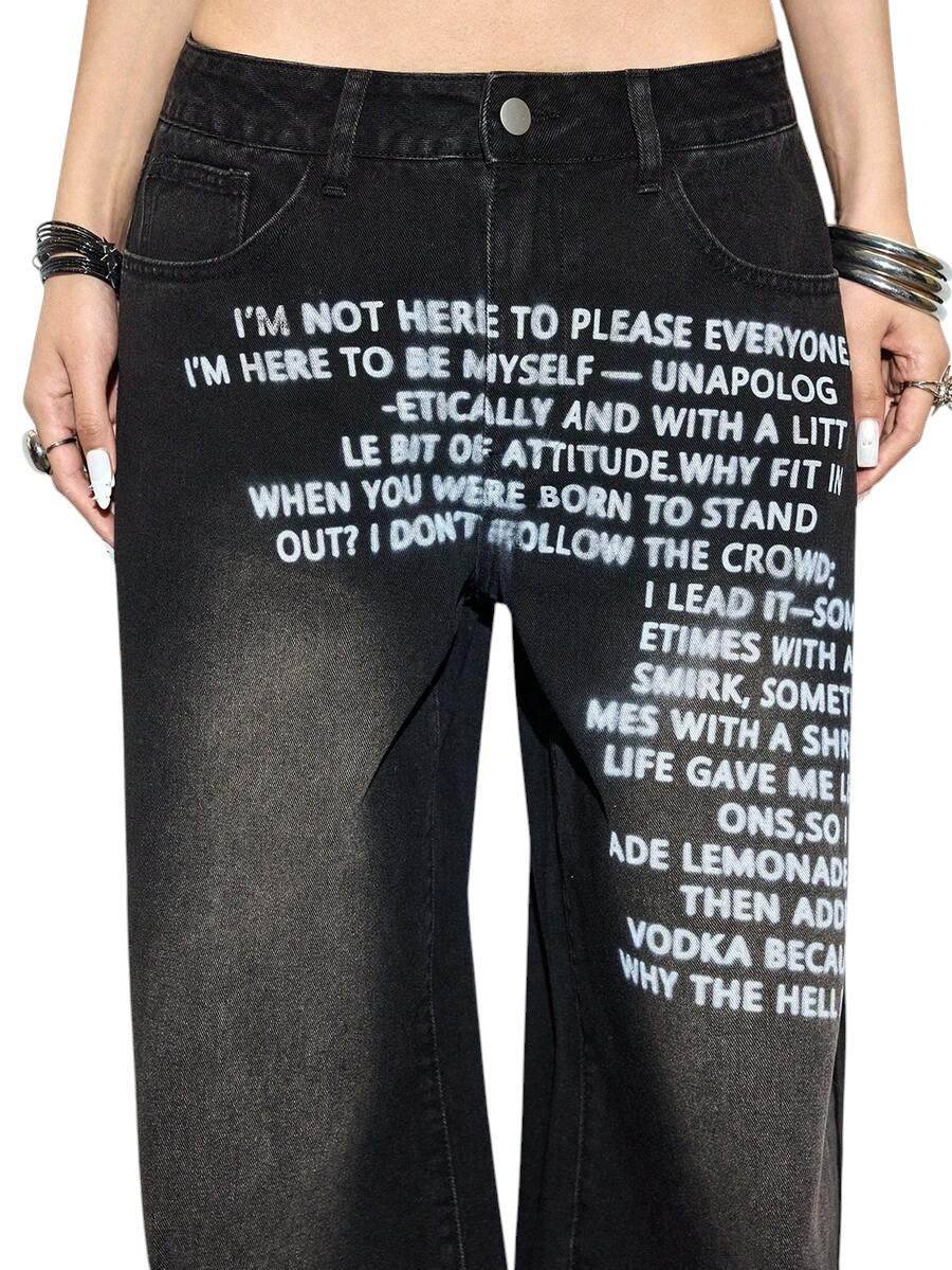 Women's Grunge Slogan Print Pocket Wide Leg Loose Denim Jeans